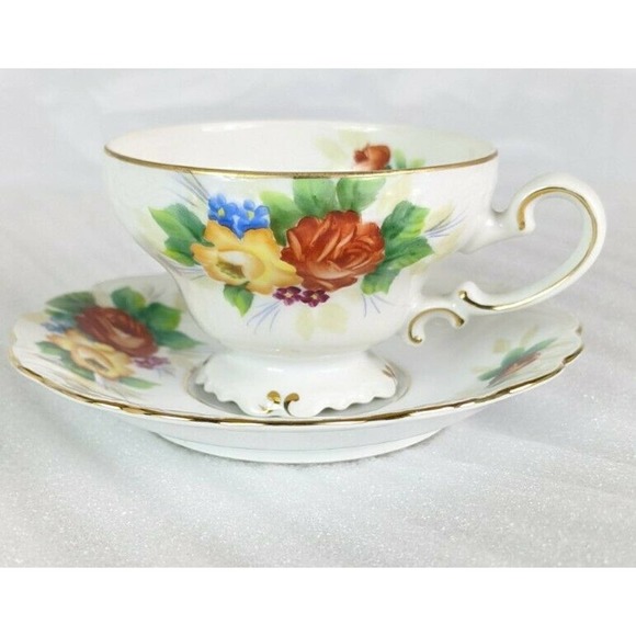 Ohata China Occupied Japan Floral Tea Cup & Saucer Set Red Yellow Gold - Picture 2 of 10